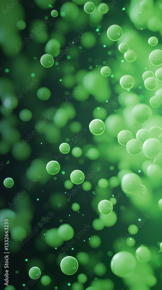 Poster abstract green bokeh background with floating blurry spheres