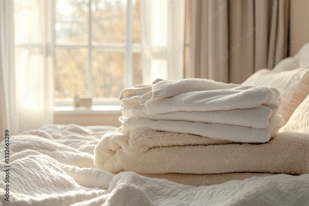 Aufkleber freshly washed towels and linens arranged neatly on a bed in a cozy, inviting bedroom filled with so