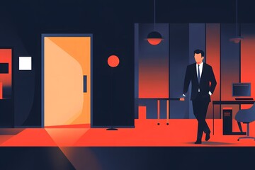 Fototapeta premium Man Walking in Modern Office Interior with Geometric Design Elements