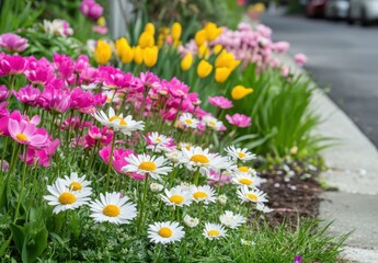 Fototapeta premium Colorful Spring Flower Garden with Tulips, Daisies, and Pink Blooms against Green Leaves in a Vibrant Neighborhood Landscape