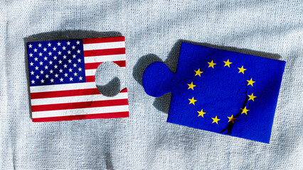 USA vs EU. Tensions Between the United States of America and European Union. Disconnected Puzzle...