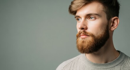 Fototapeta premium Young caucasian male with beard and stylish hair looking thoughtful