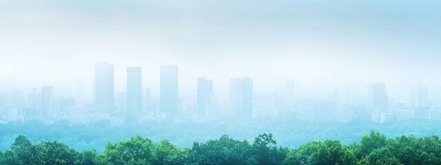 Fototapeta premium Misty Cityscape with Lush Green Trees in Foreground and Skyline