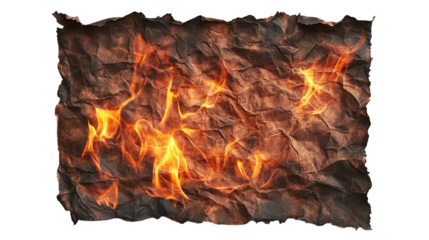 Burning, crumpled sheet of old paper, cut out. Isolated on a transparent background.