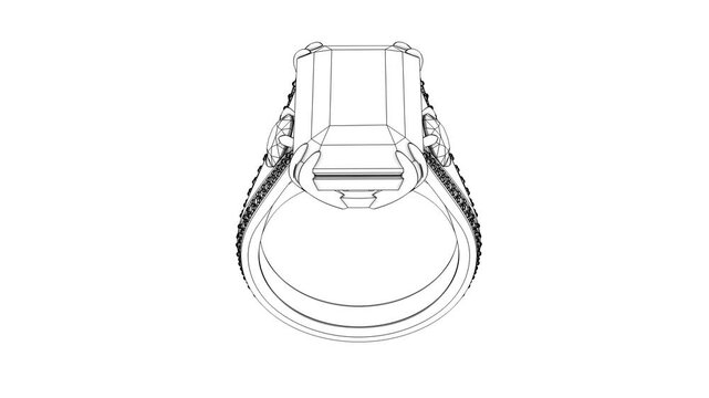 Rotation of gold ring with large emerald cut diamond. Ring outline drawing isolated on white. 3d animation loop