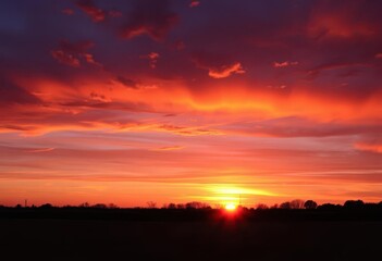 Fototapeta premium Vibrant orange and purple hues paint the sky as the sun dips below the horizon, casting long shadows, design, weather
