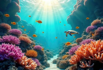 Naklejka premium vibrant coral reef ecosystem filled colorful underwater creatures diverse marine life, ocean, fish, colors, diversity, habitat, fauna, flora, anemones
