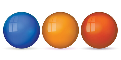 Set with glass colorful balls. Glossy realistic ball, 3D abstract vector illustration highlighted on a white background. Big metal bubble with shadow.
