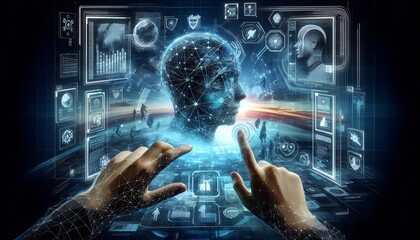 Futuristic Human Brain Analysis Digital Interface, AI, Technology, Healthcare, Science, Biometric, Medical Illustration.