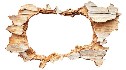 Hole breaking through a wooden wall, cut out. Isolated on a transparent background.