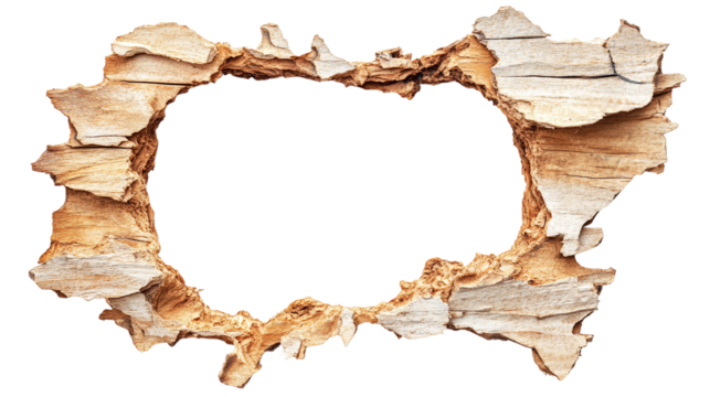 Hole breaking through a wooden wall, cut out. Isolated on a transparent background.