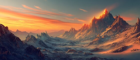 Obraz premium A breathtaking view of a mountain range bathed in the first light of dawn, with jagged peaks glowing in shades of gold and amber.