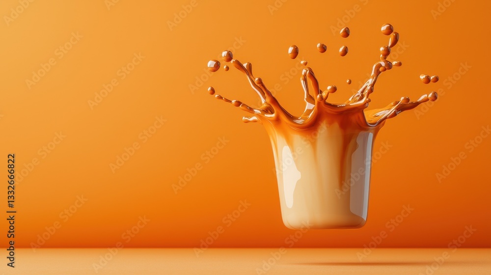 Poster a splash of liquid in a cup against an orange background, creating a vibrant and dynamic visual effe
