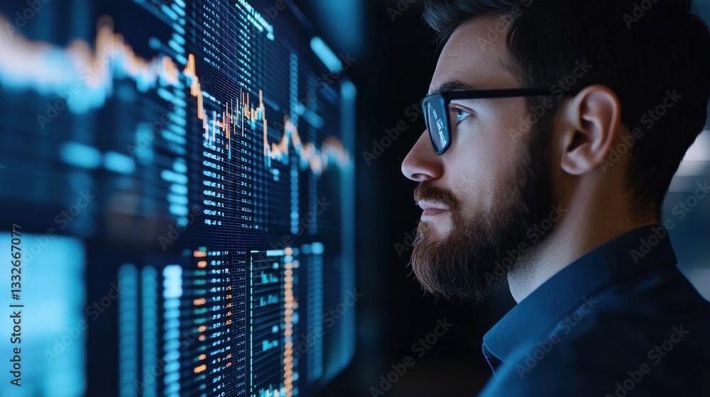 Poster a focused man examines data on a screen, showcasing technology and analysis in a dimly lit environme