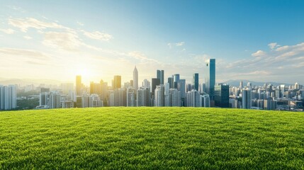 Fototapeta premium Urban skyline with sunset over green grass and skyscrapers view