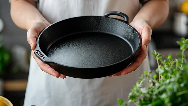 A person holding a cast iron skillet in a kitchen filled with fresh herbs and ingredients