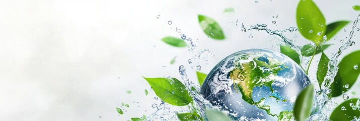 A clear Earth encircled by water splashes and fresh green leaves, symbolizing environmental conservation and sustainability. Ideal for Earth Day, eco-awareness, and water preservation campaigns