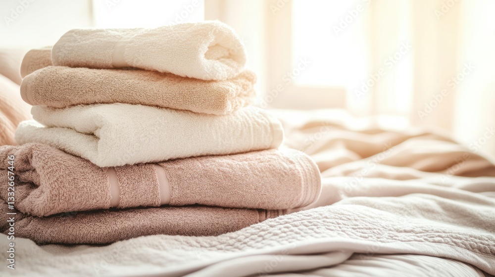 Poster Freshly washed towels and linens arranged neatly on a bed in a cozy bedroom with soft light streaming through a window Generative AI