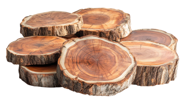 Set of round rustic wood slabs with natural texture, cut out. Isolated on a transparent background.