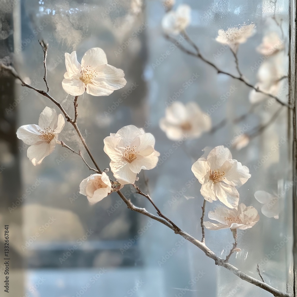 Poster delicate blossoms of cherry trees in soft focus with natural light shining through glass window crea