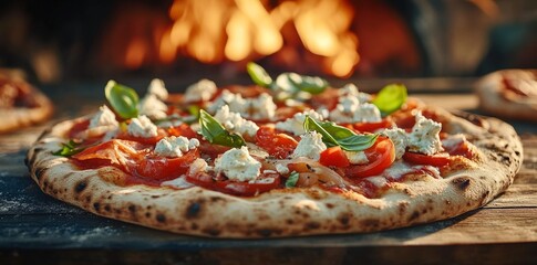 Wood-Fired Pizza Baking in a Rustic Outdoor Brick Oven at Sunset - Golden Hour