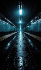 Dark and moody subway platform illuminated by bright lights during rain
