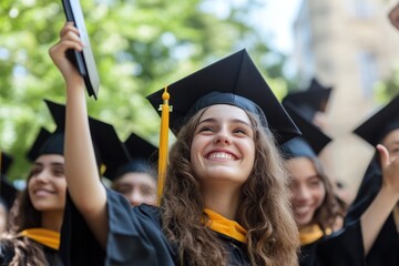Graduate celebrating accomplishment with her class in a university square, feeling accomplished