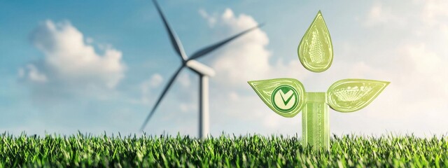 Obraz premium Eco-Friendly Symbol Over Grass with Wind Turbine in Background