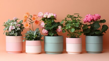 Obraz premium A lively arrangement of colorful potted plants featuring sleek, modern planters in pastel shades of pink