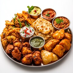 Fototapeta premium Indian Fish Platter or thali - A popular seafood and meat dish from Mumbai, Konkan, Maharashtra, Goa, Bengal, and Kerala, presented on a steel plate or banana leaf with a stock background