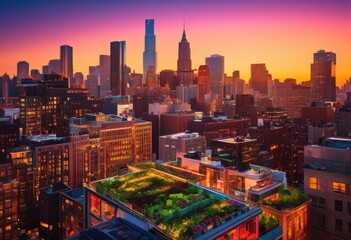 Naklejka premium vibrant cityscapes glowing twilight dynamic light stunning urban views, skyline, sunset, colors, buildings, architecture, windows, reflections, horizon