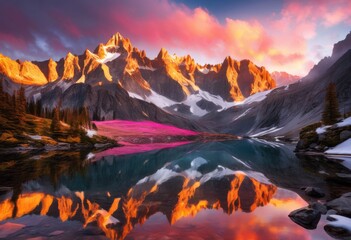 Obraz premium majestic peaks illuminated vibrant sunrise colors creating breathtaking mountain landscape experience, sky, nature, horizon, light, morning, clouds, terrain