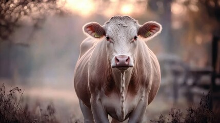 A close-up view of a cow standing gracefully in a tranquil pasture, embodying the essence of rural life and the calmness associated with farm animals and nature.