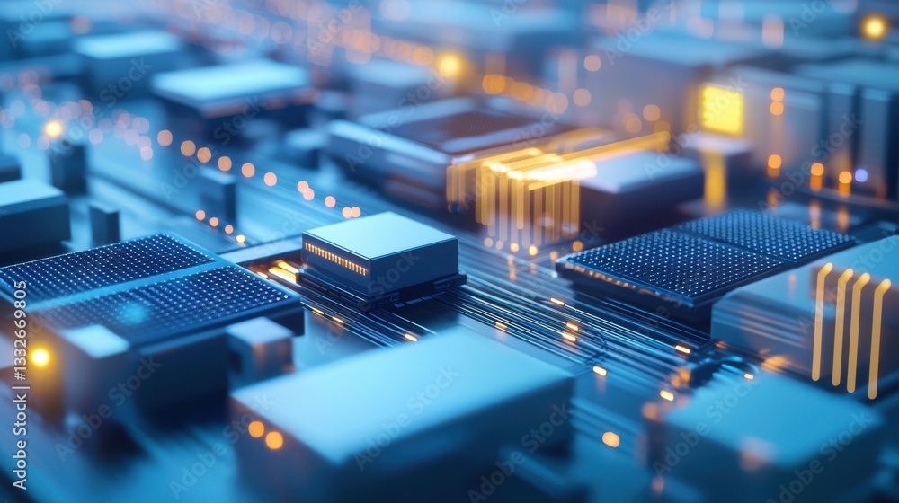 Poster high-tech circuit board with microchips and glowing elements