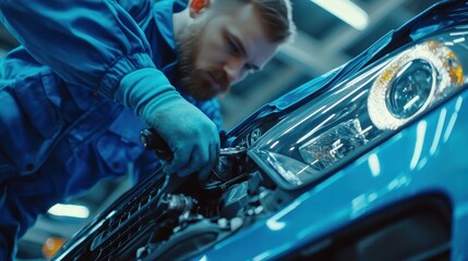 A focused mechanic is repairing an engine in a well-lit automotive workshop, demonstrating skill and professionalism in vehicle maintenance and repair tasks.