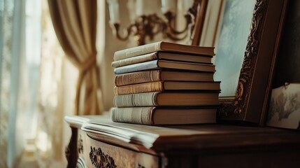 A nostalgic stack of vintage books sits on an antique chest, surrounded by softly diffused light, evoking a sense of history and the joy of reading.