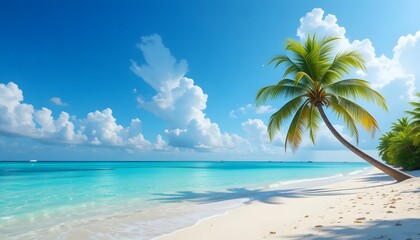 Fototapeta premium Tropical Bliss, Solitary Palm, Untouched Shores, Crystal Blue Waters