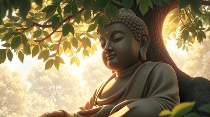 Serene Buddha Statue Under Tree Sunlight Peaceful Meditation Art