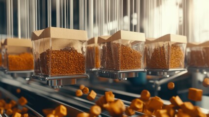 The image depicts a modern automated production line filled with gourmet food items, showcasing the fusion of technology and culinary arts in the food industry.