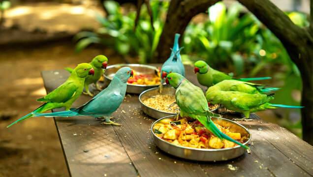 Colorful parrots gather around food in a lush garden