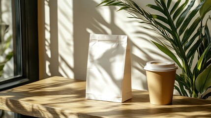 A modern mockup scene with a white paper bag leaning against a coffee cup on a wooden table