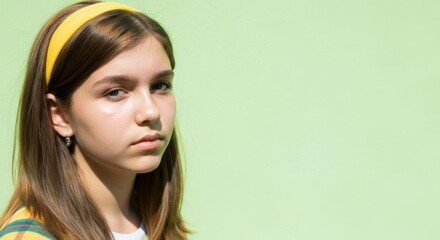 Fototapeta premium Young caucasian female teen with brown hair and yellow headband against green background