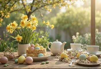 easter still life with eggs and daffodils