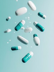 Floating Pills and Capsules on Light Blue Background for Healthcare