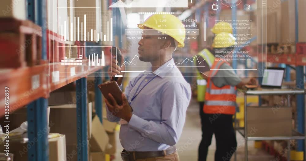 Poster warehouse workers using digital tablet with global data processing animation overlay