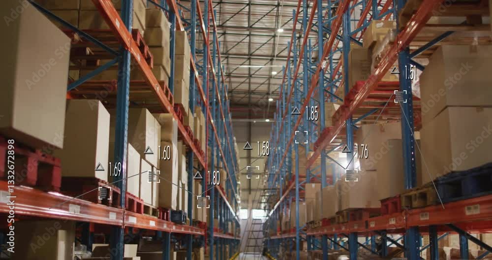 Poster featuring data overlay and analytics, warehouse shelves stacked with boxes