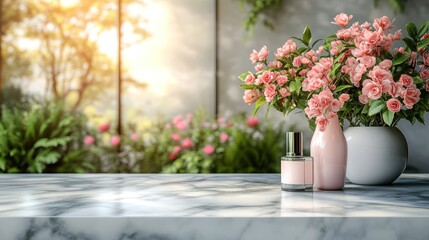 A refined product display placed on a pristine marble top, featuring carefully arranged items like a designer bottle or a chic accessory.