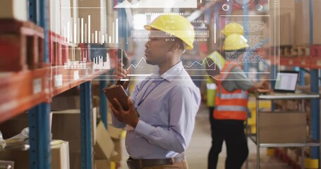 Warehouse workers using digital tablet with global data processing animation overlay - Powered by Adobe
