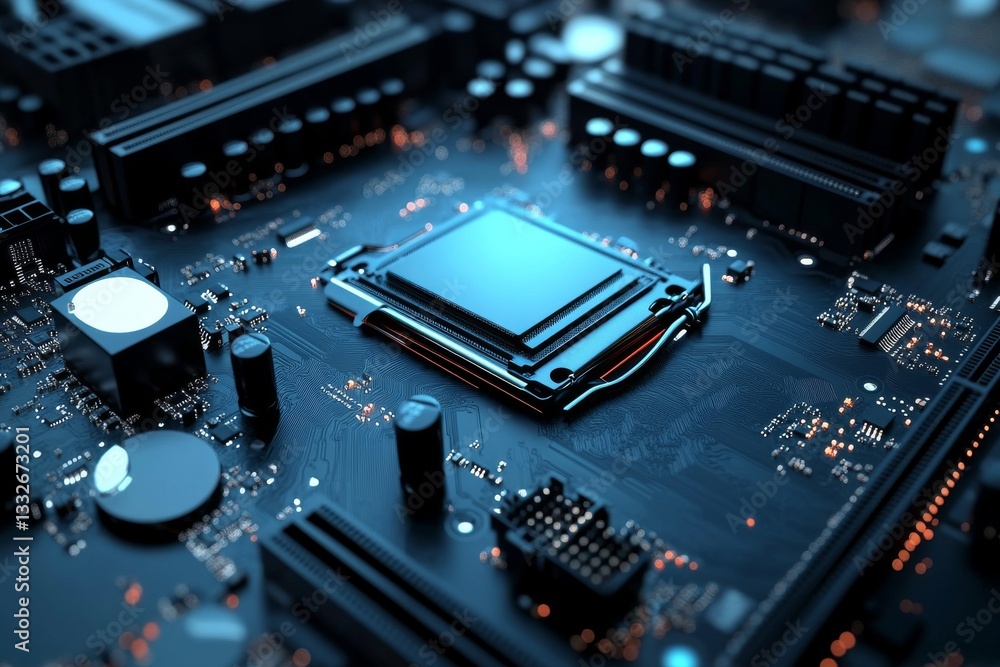 Poster a near look at a modern computer motherboard with detailed circuit design