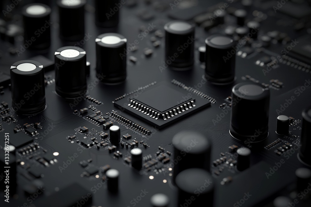Poster high-resolution image of a modern computer motherboard displaying elaborate circuitry